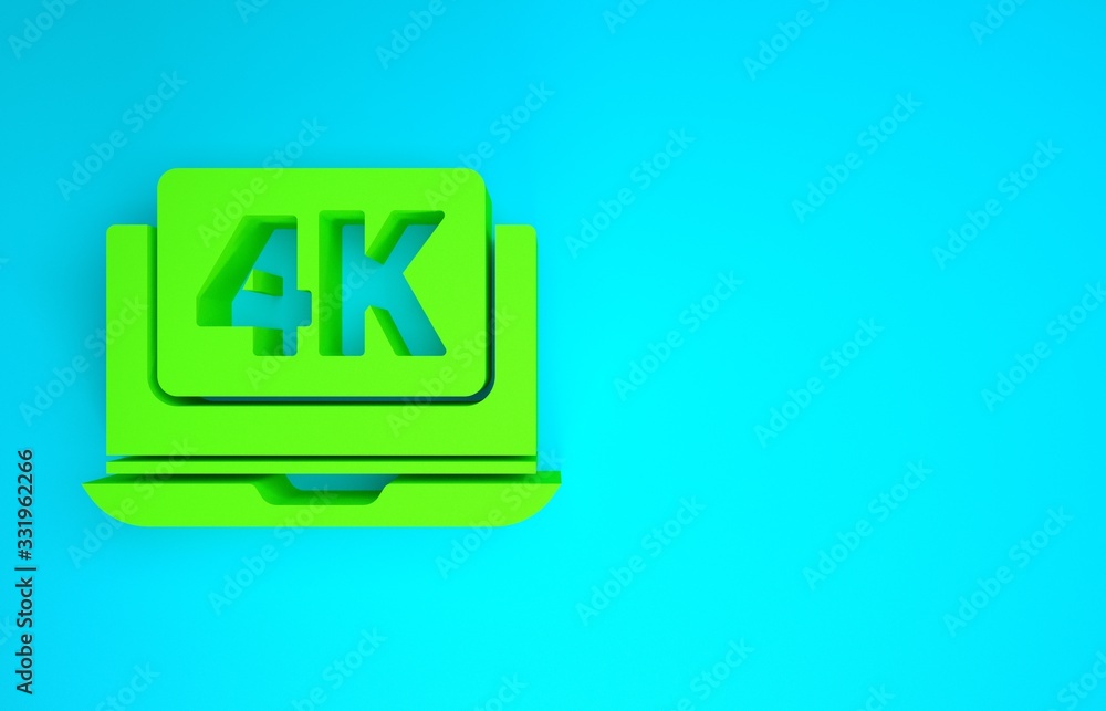 Green Laptop screen with 4k video technology icon isolated on blue background. Minimalism concept. 3