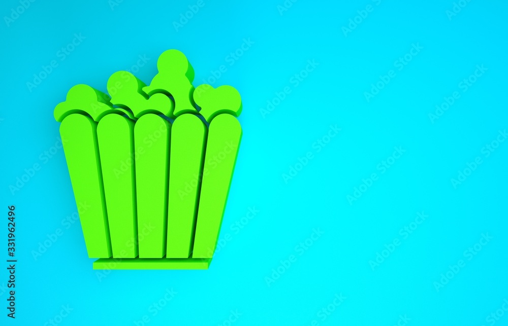 Green Popcorn in cardboard box icon isolated on blue background. Popcorn bucket box. Minimalism conc