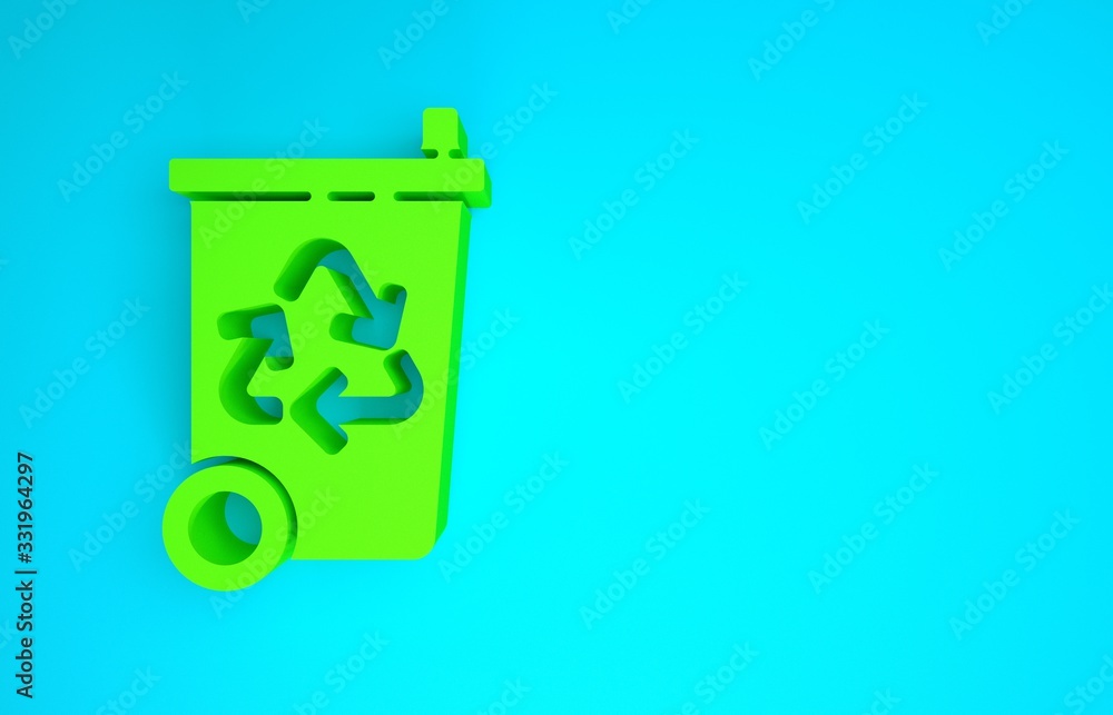 Green Recycle bin with recycle symbol icon isolated on blue background. Trash can icon. Garbage bin 