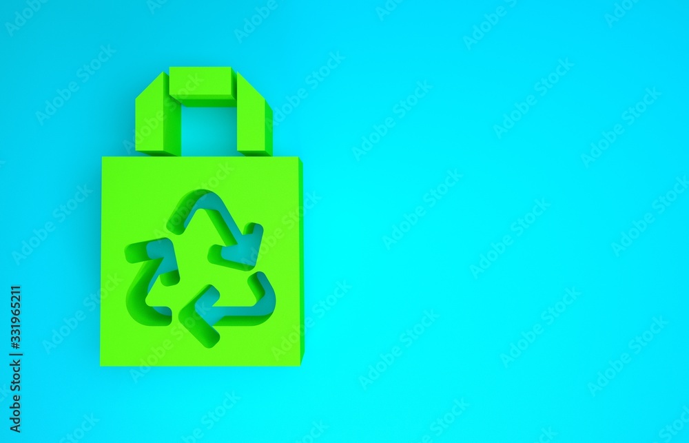 Green Paper shopping bag with recycle icon isolated on blue background. Bag with recycling symbol. M