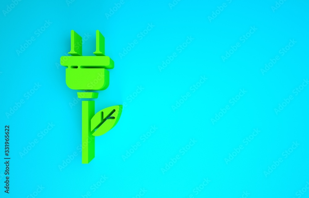 Green Electric saving plug in leaf icon isolated on blue background. Save energy electricity. Enviro