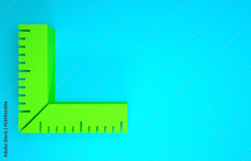 Green Corner ruler icon isolated on blue background. Setsquare, angle ruler, carpentry, measuring ut