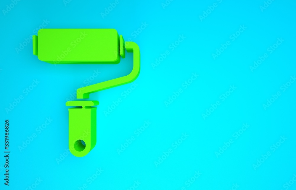 Green Paint roller brush icon isolated on blue background. Minimalism concept. 3d illustration 3D re