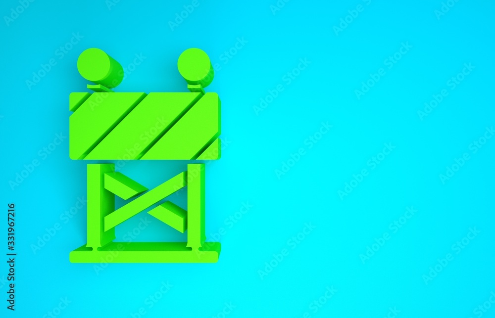 Green Road barrier icon isolated on blue background. Symbol of restricted area which are in under co