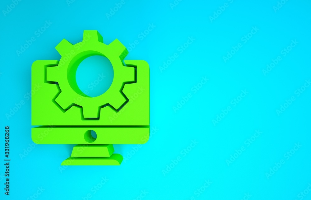 Green Computer monitor and gear icon isolated on blue background. Adjusting, service, setting, maint