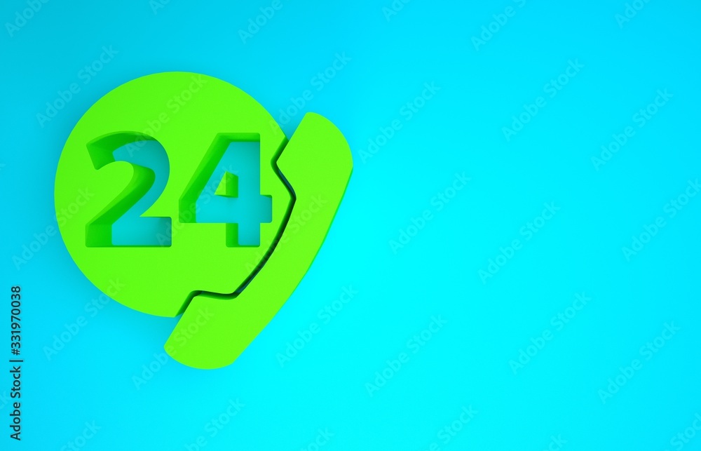 Green Telephone 24 hours support icon isolated on blue background. All-day customer support call-cen