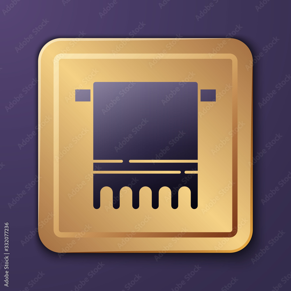 Purple Towel on a hanger icon isolated on purple background. Bathroom towel icon. Gold square button