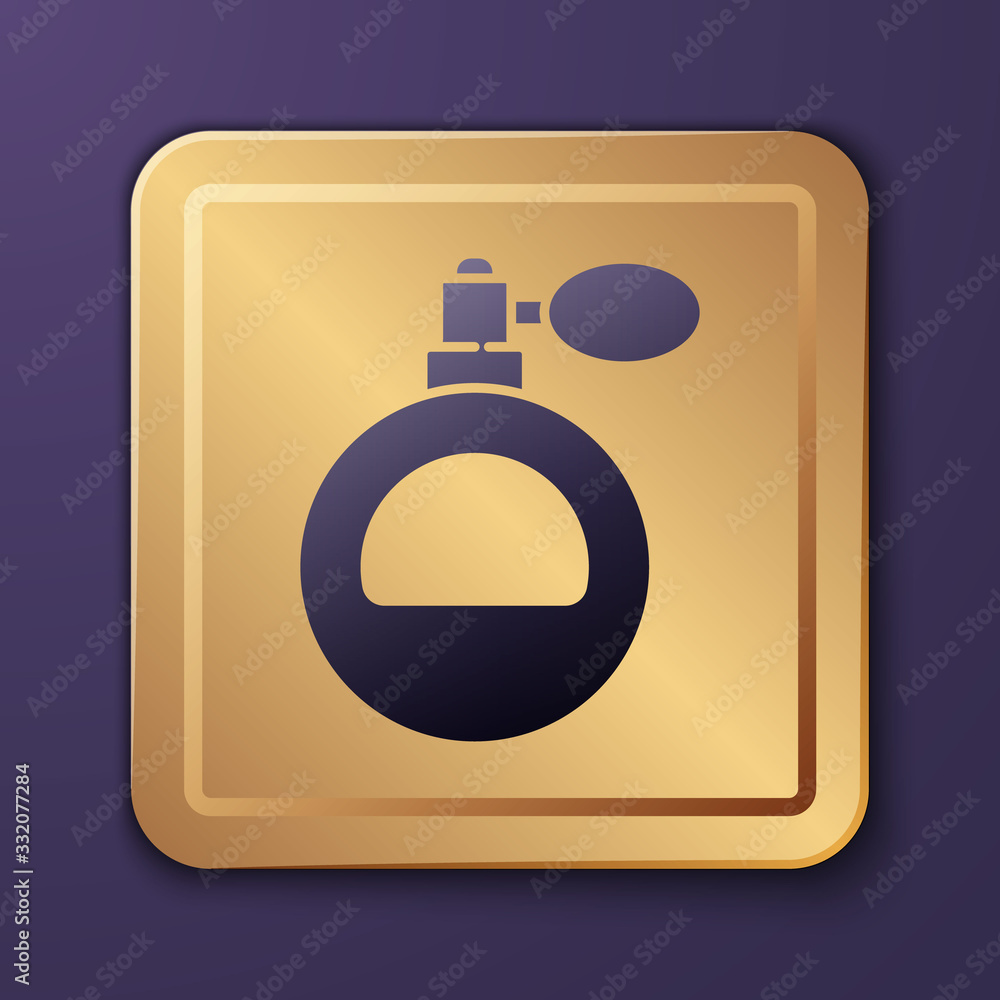 Purple Perfume icon isolated on purple background. Gold square button. Vector Illustration