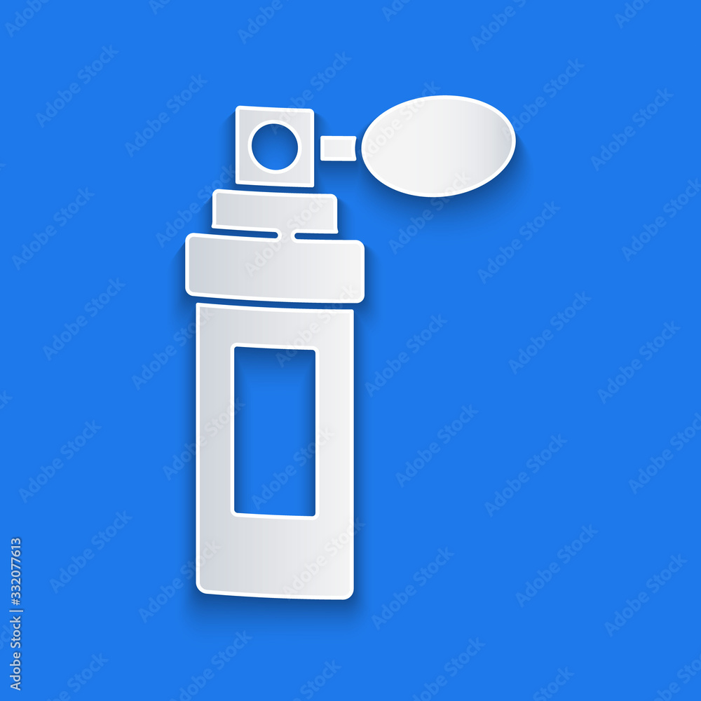 Paper cut Perfume icon isolated on blue background. Paper art style. Vector Illustration