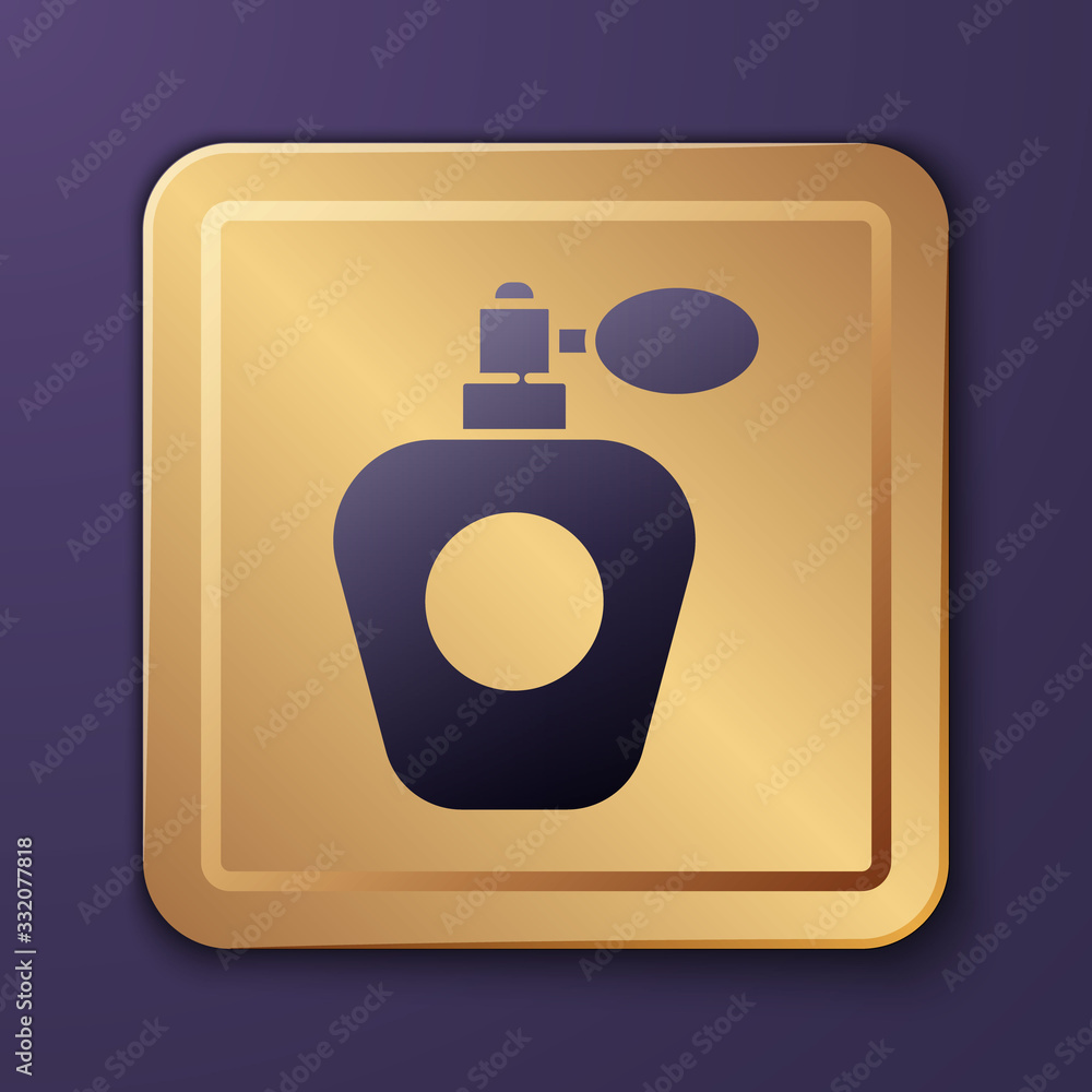 Purple Perfume icon isolated on purple background. Gold square button. Vector Illustration