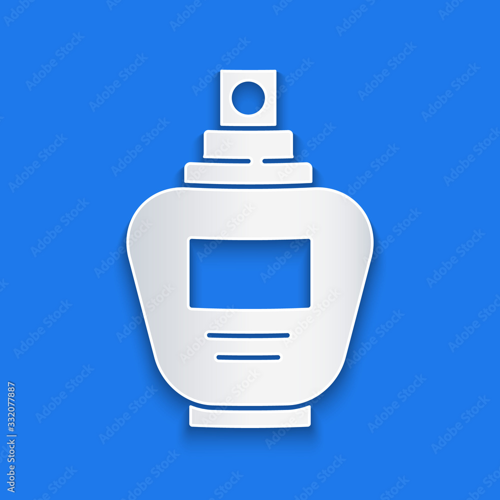 Paper cut Perfume icon isolated on blue background. Paper art style. Vector Illustration