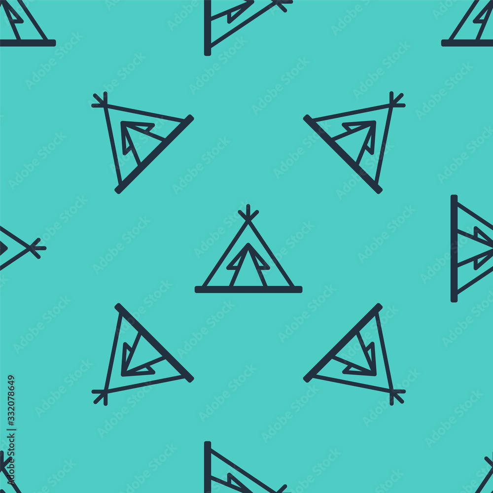 Black line Traditional indian teepee or wigwam icon isolated seamless pattern on green background. I