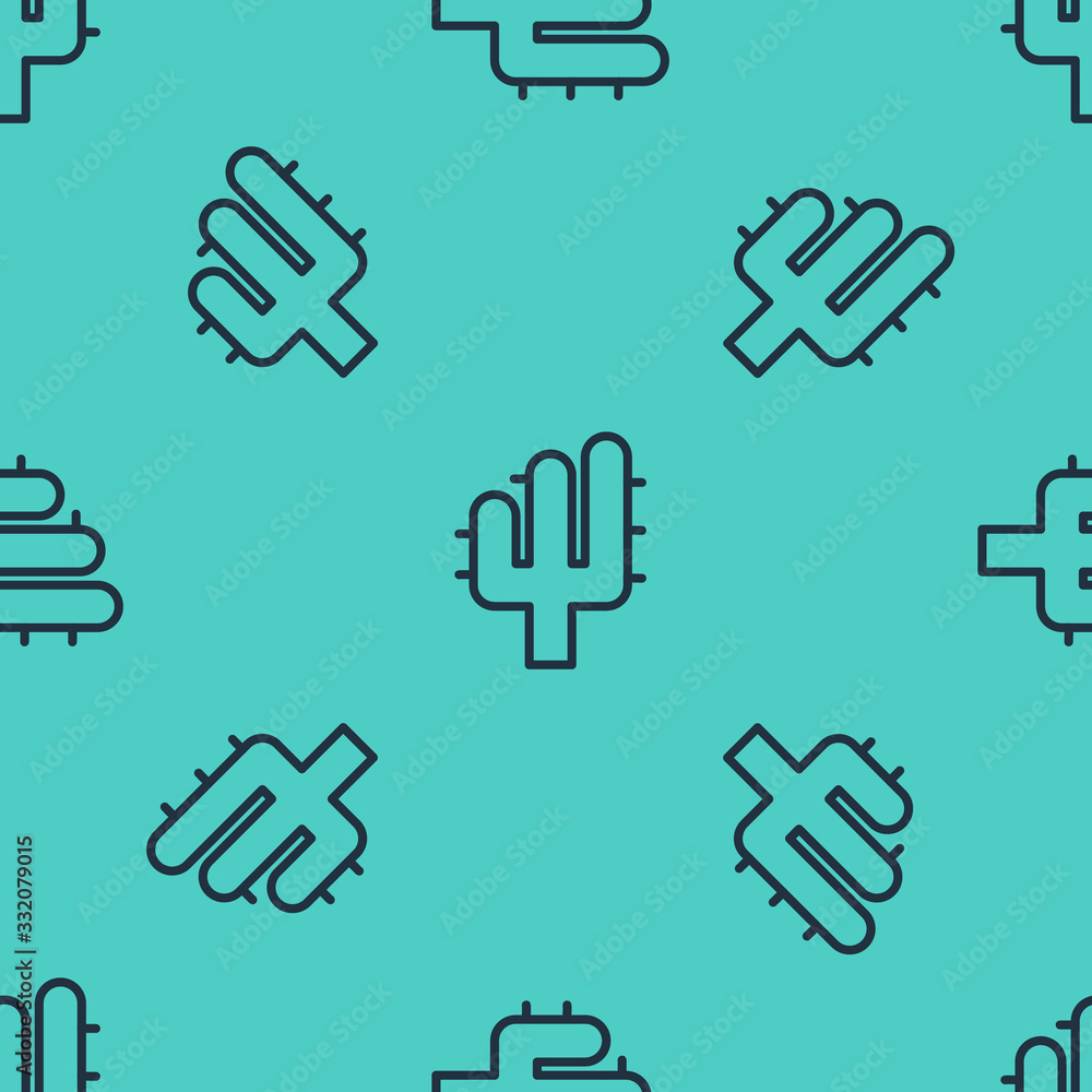 Black line Cactus icon isolated seamless pattern on green background.  Vector Illustration