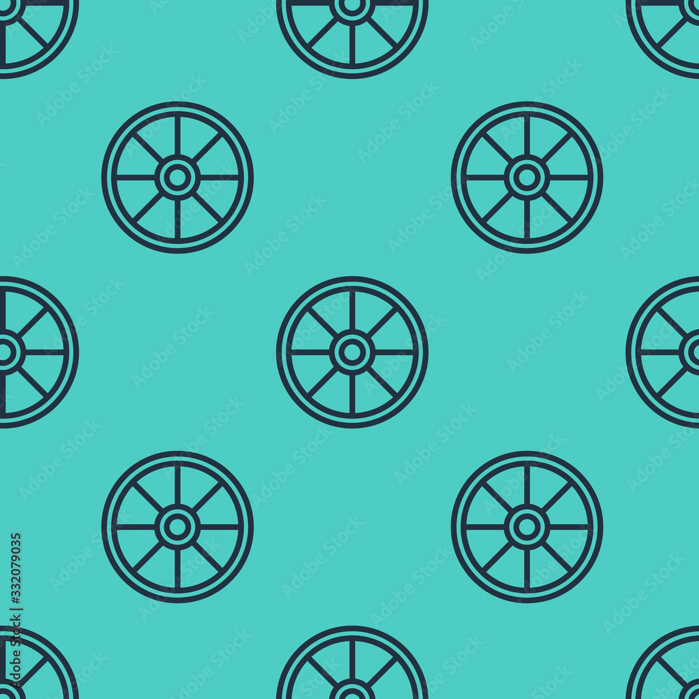 Black line Old wooden wheel icon isolated seamless pattern on green background.  Vector Illustration