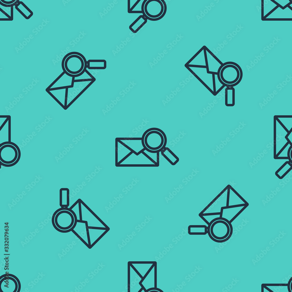 Black line Envelope mail with magnifying glass icon isolated seamless pattern on green background.  