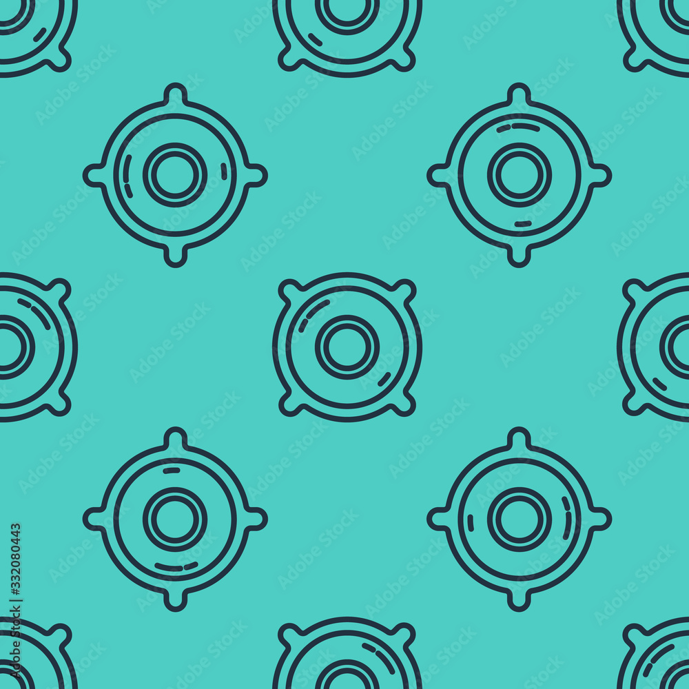 Black line Stereo speaker icon isolated seamless pattern on green background. Sound system speakers.