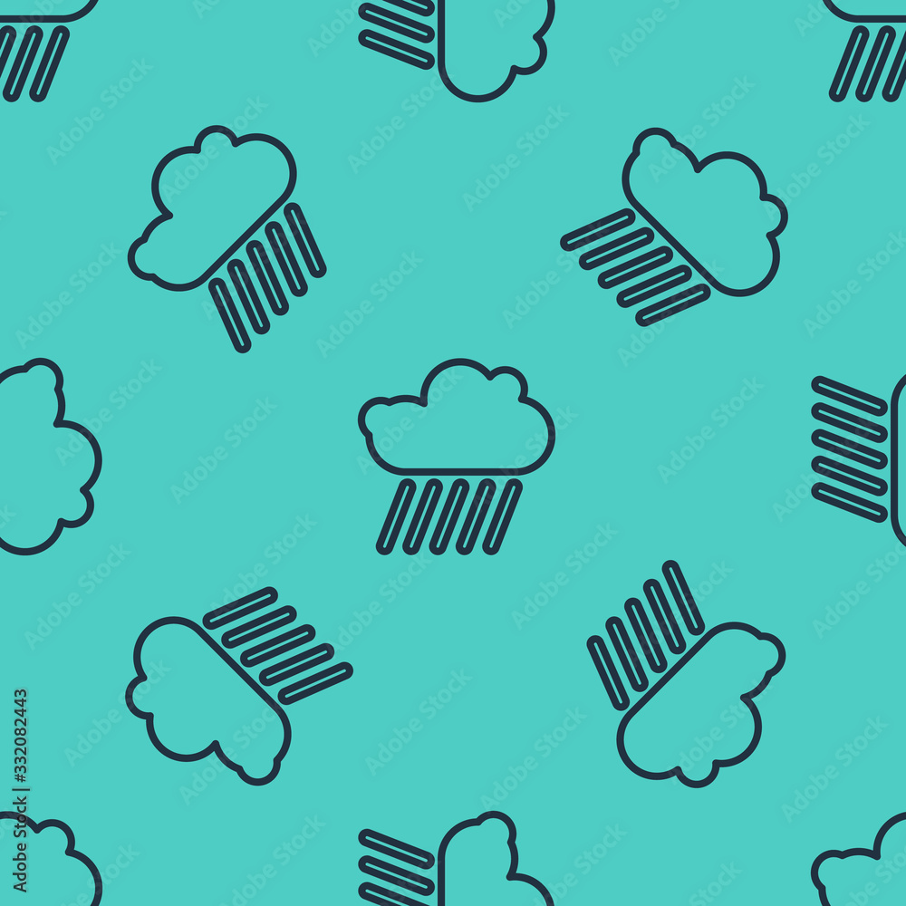 Black line Cloud with rain icon isolated seamless pattern on green background. Rain cloud precipitat