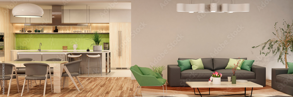 Modern house interior kitchen with living room design. 3D Render	