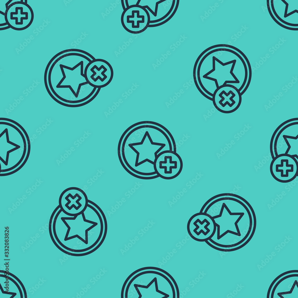 Black line Star icon isolated seamless pattern on green background. Favorite, best rating, award sym