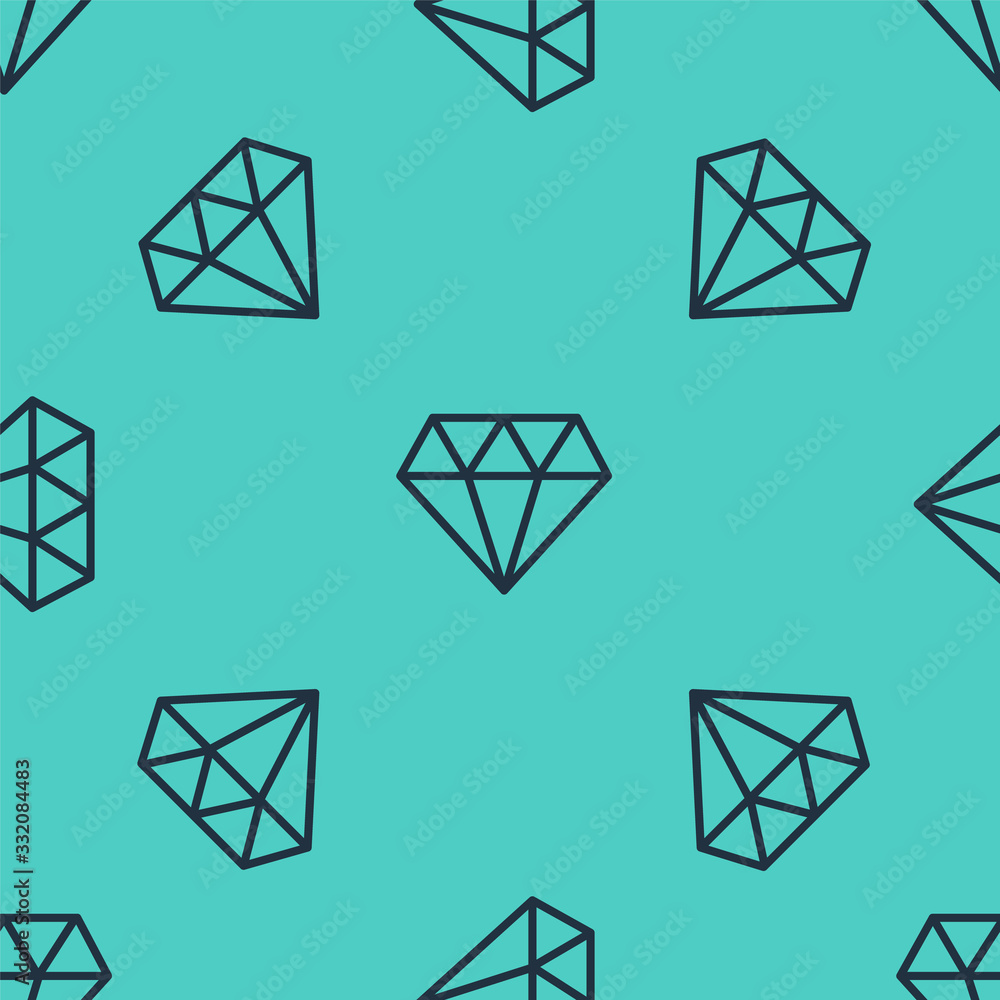 Black line Diamond icon isolated seamless pattern on green background. Jewelry symbol. Gem stone. Ve