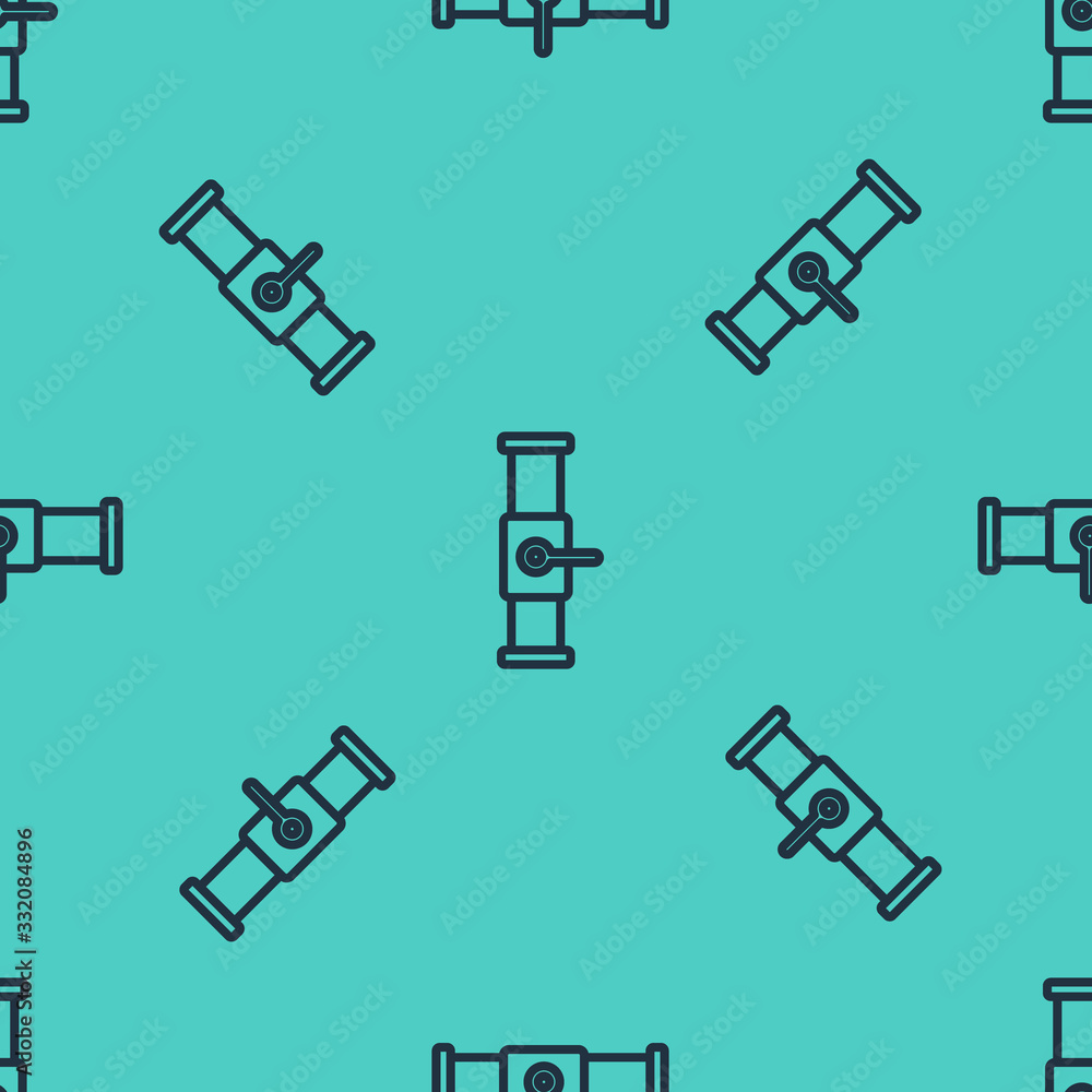 Black line Industry metallic pipe and valve icon isolated seamless pattern on green background. Vect