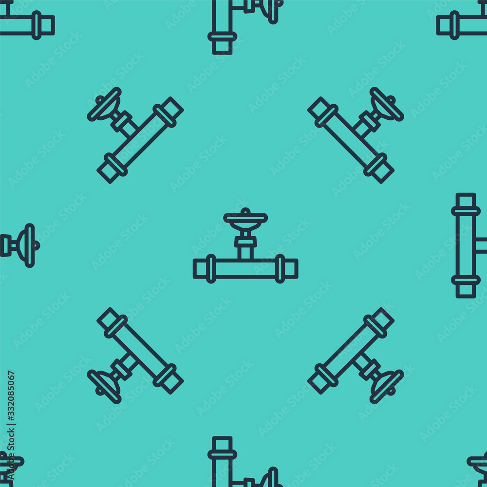 Black line Industry metallic pipe and valve icon isolated seamless pattern on green background. Vect