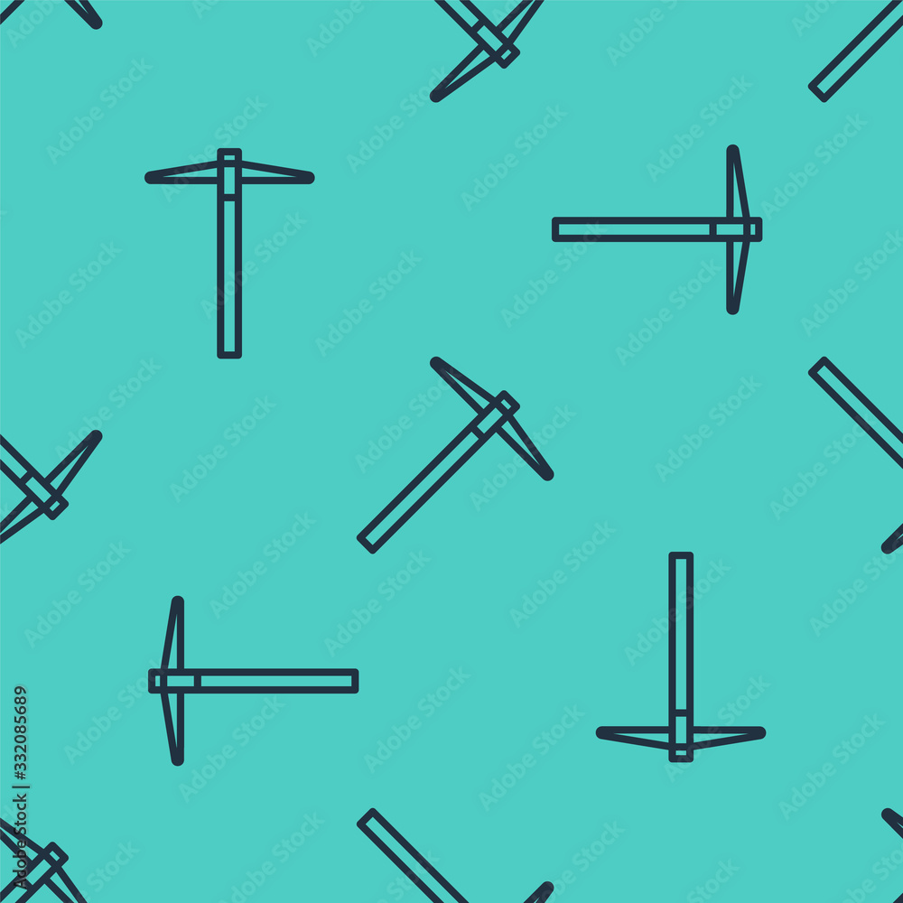 Black line Pickaxe icon isolated seamless pattern on green background. Vector Illustration