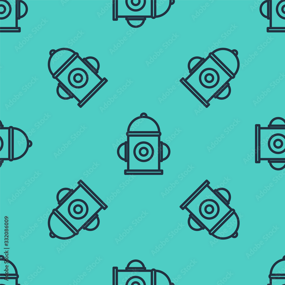 Black line Fire hydrant icon isolated seamless pattern on green background. Vector Illustration