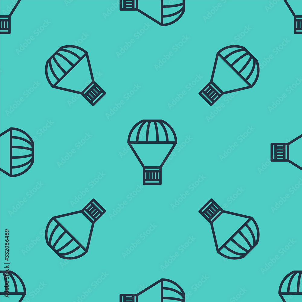 Black line Box flying on parachute icon isolated seamless pattern on green background. Parcel with p