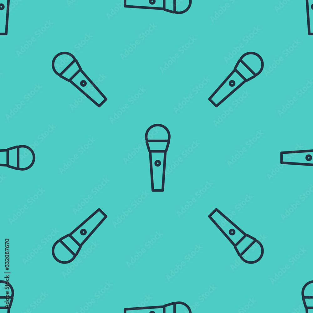 Black line Karaoke icon isolated seamless pattern on green background. Microphone and monitor. Vecto