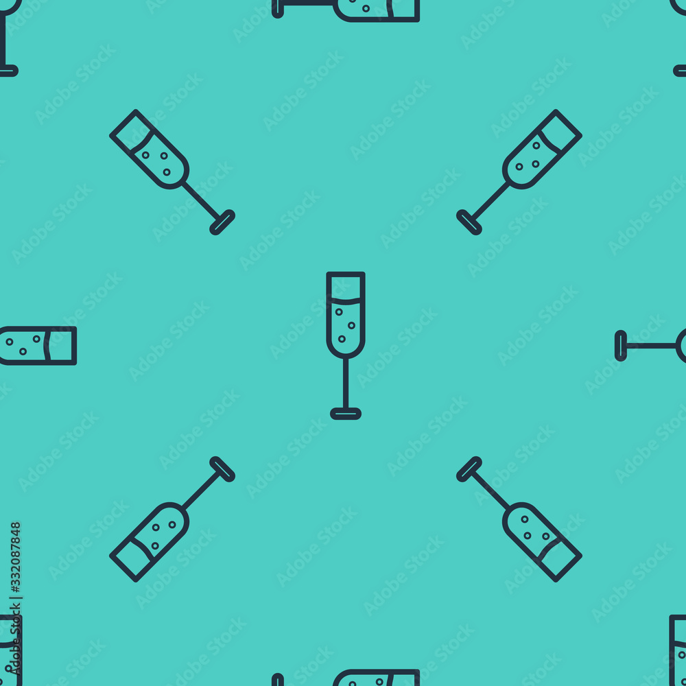 Black line Glass of champagne icon isolated seamless pattern on green background. Vector Illustratio