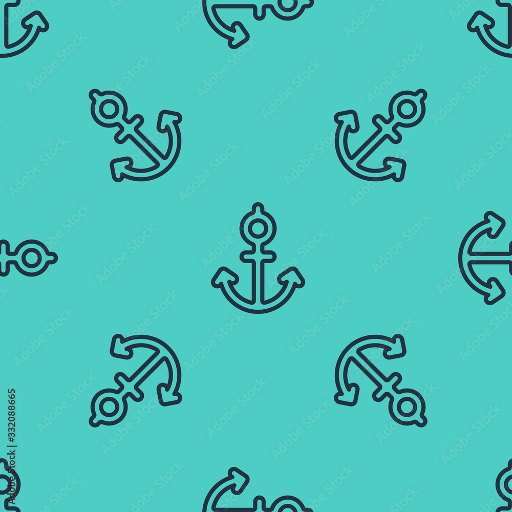 Black line Anchor icon isolated seamless pattern on green background. Vector Illustration