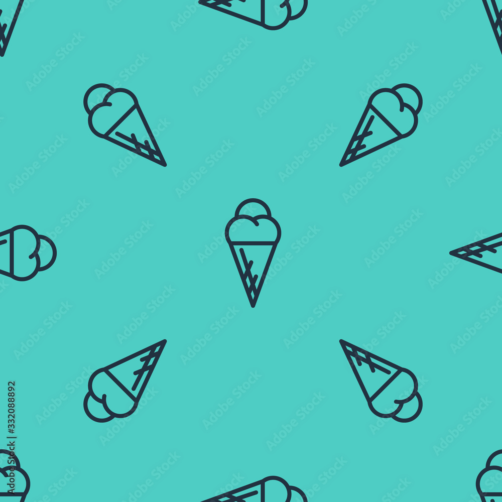 Black line Ice cream in waffle cone icon isolated seamless pattern on green background. Sweet symbol