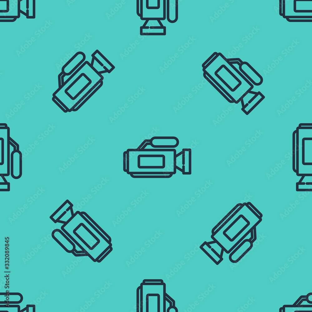 Black line Cinema camera icon isolated seamless pattern on green background. Video camera. Movie sig