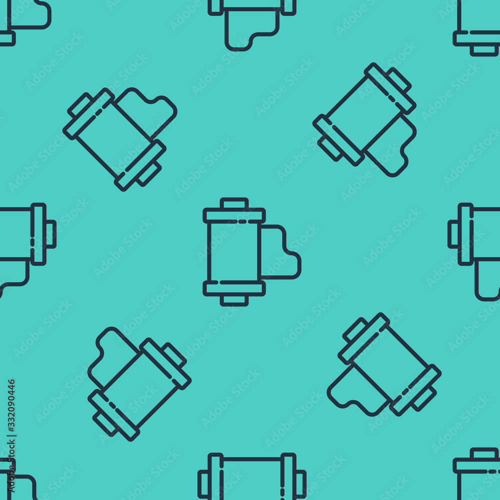 Black line Camera vintage film roll cartridge icon isolated seamless pattern on green background. 35