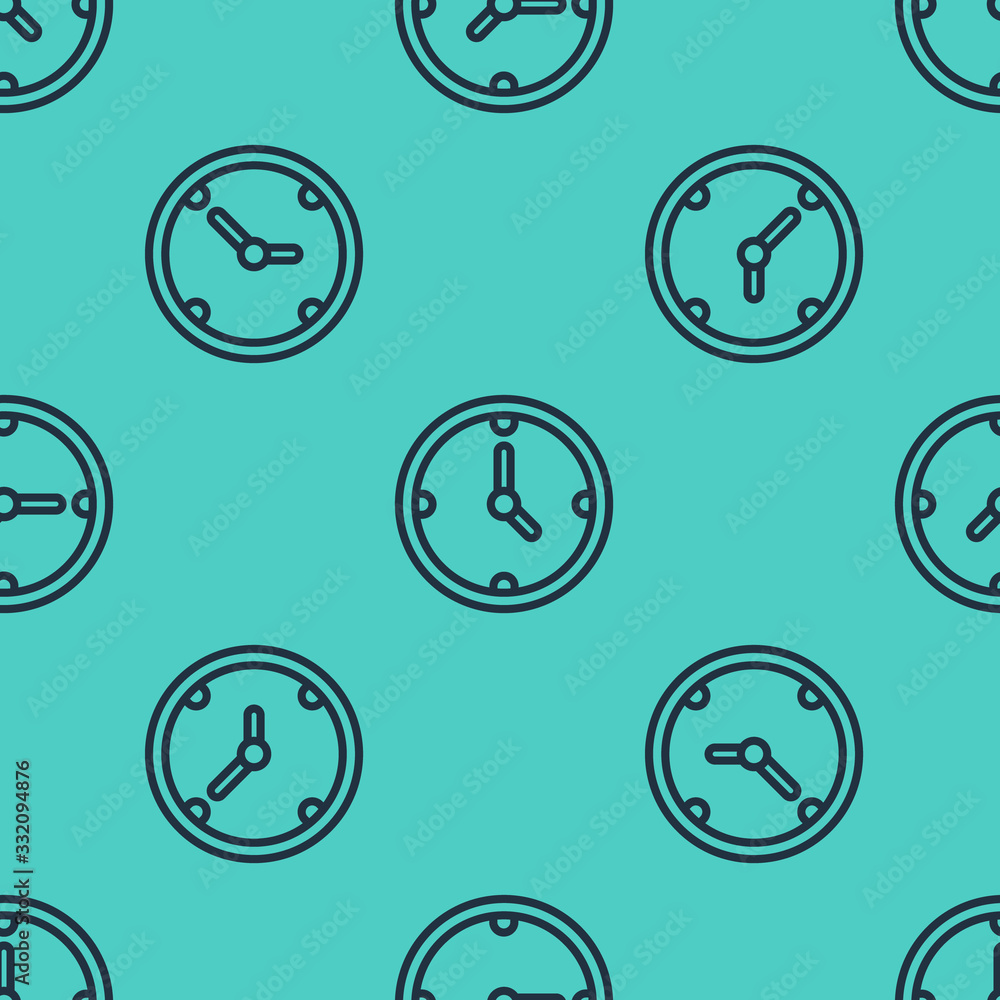 Black line Clock icon isolated seamless pattern on green background. Time symbol. Vector Illustratio