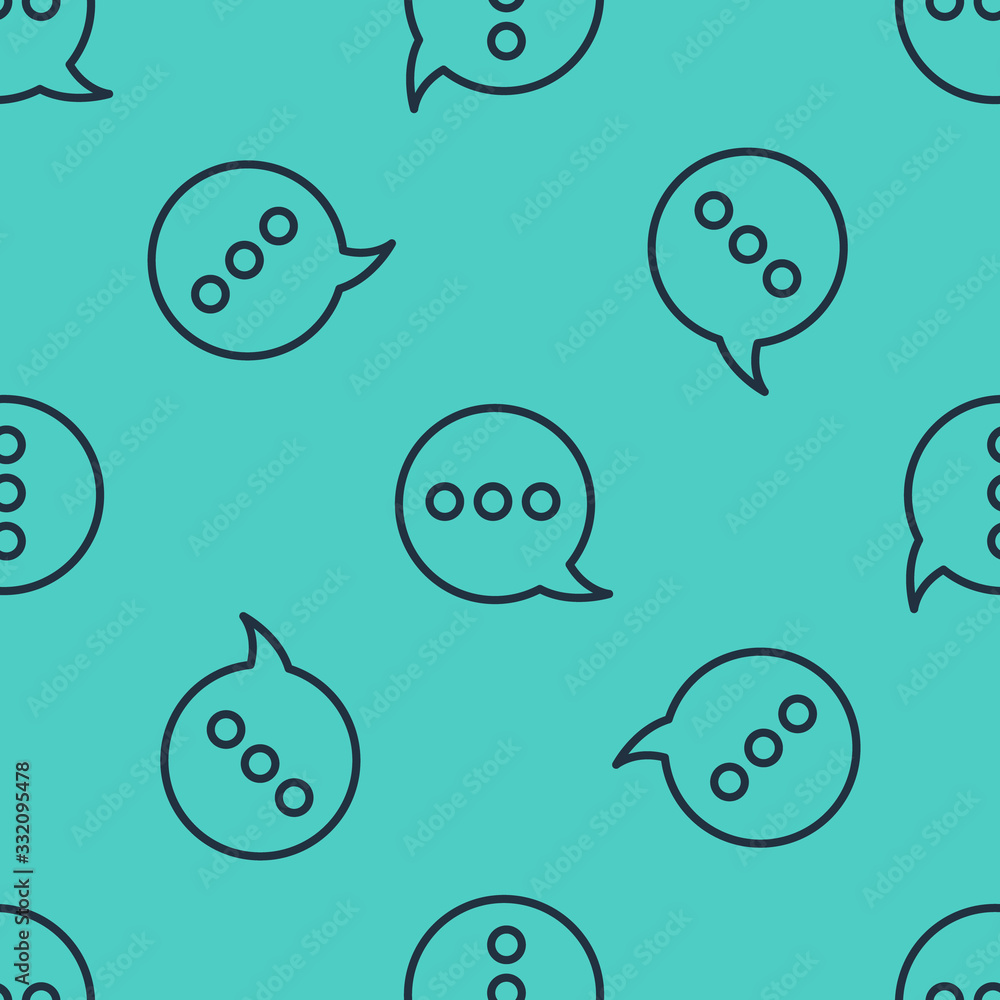 Black line Speech bubble chat icon isolated seamless pattern on green background. Message icon. Comm