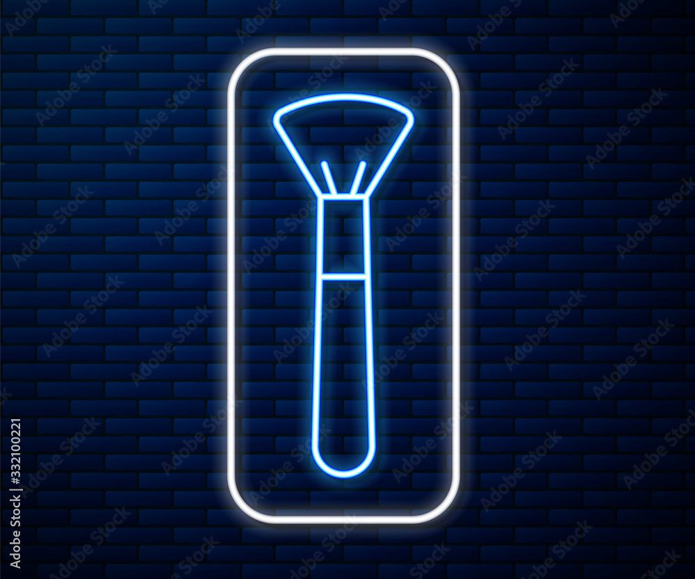 Glowing neon line Makeup brush icon isolated on brick wall background. Vector Illustration