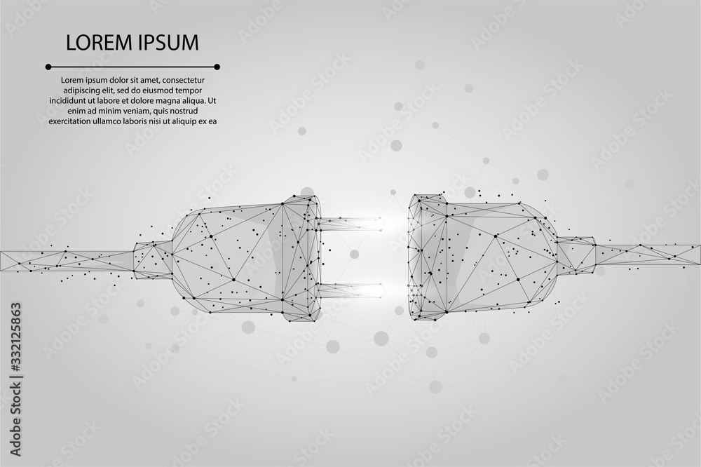 带插头的抽象线和点插座。多边形连接和断开概念。