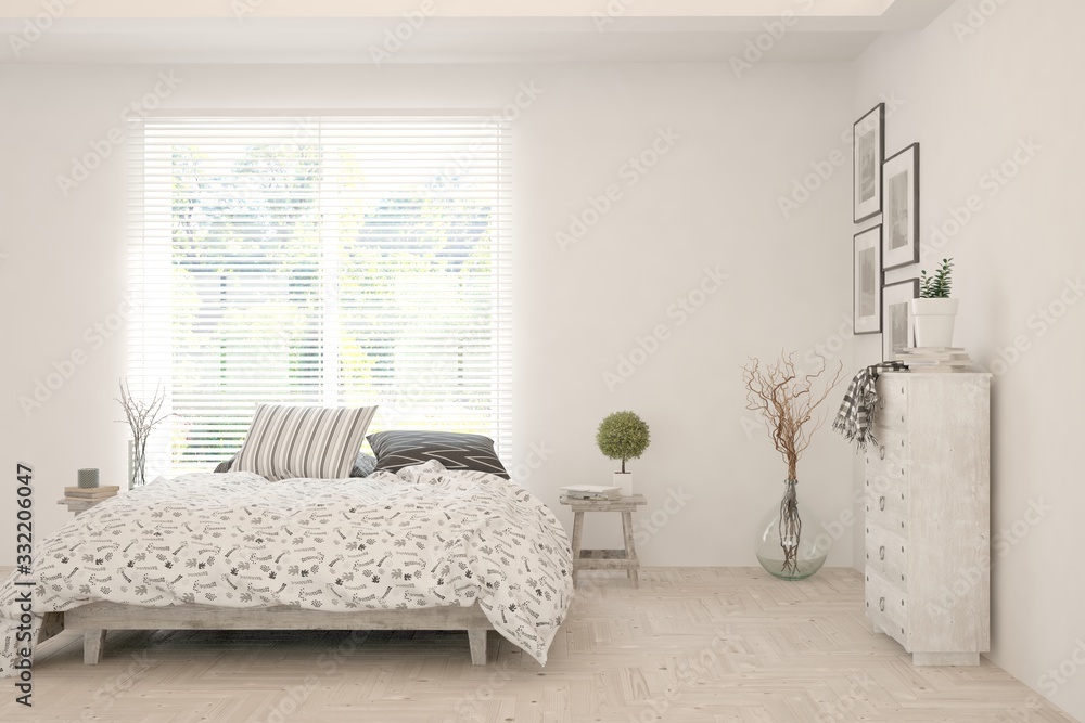 White bedroom interior. Scandinavian design. 3D illustration