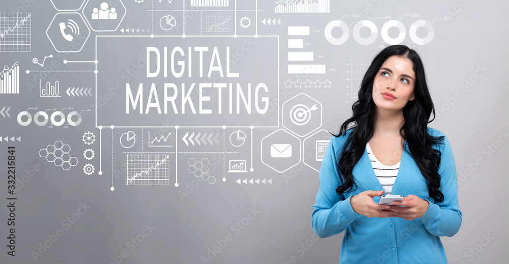 Digital marketing with thoughtful young woman holding a smartphone