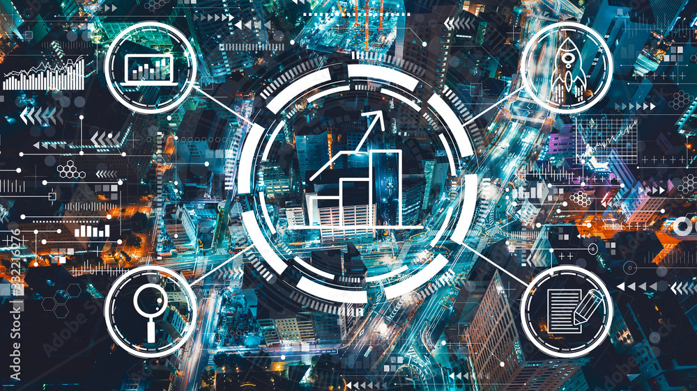 Business growth analysis with aerial view of Tokyo, Japan at night