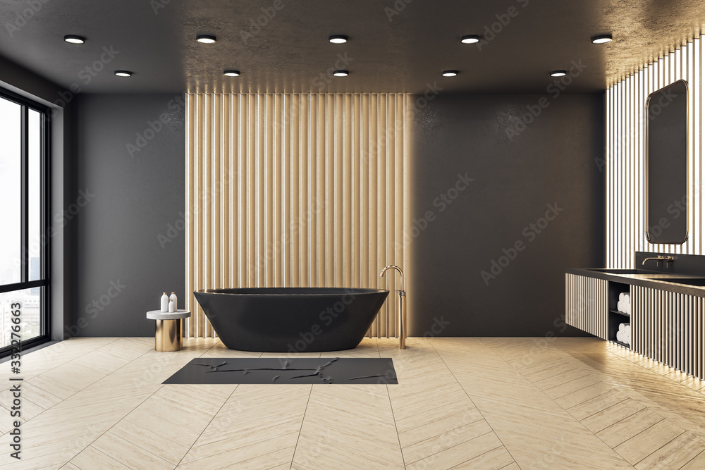 Modern bathroom room with decorative wooden wall a