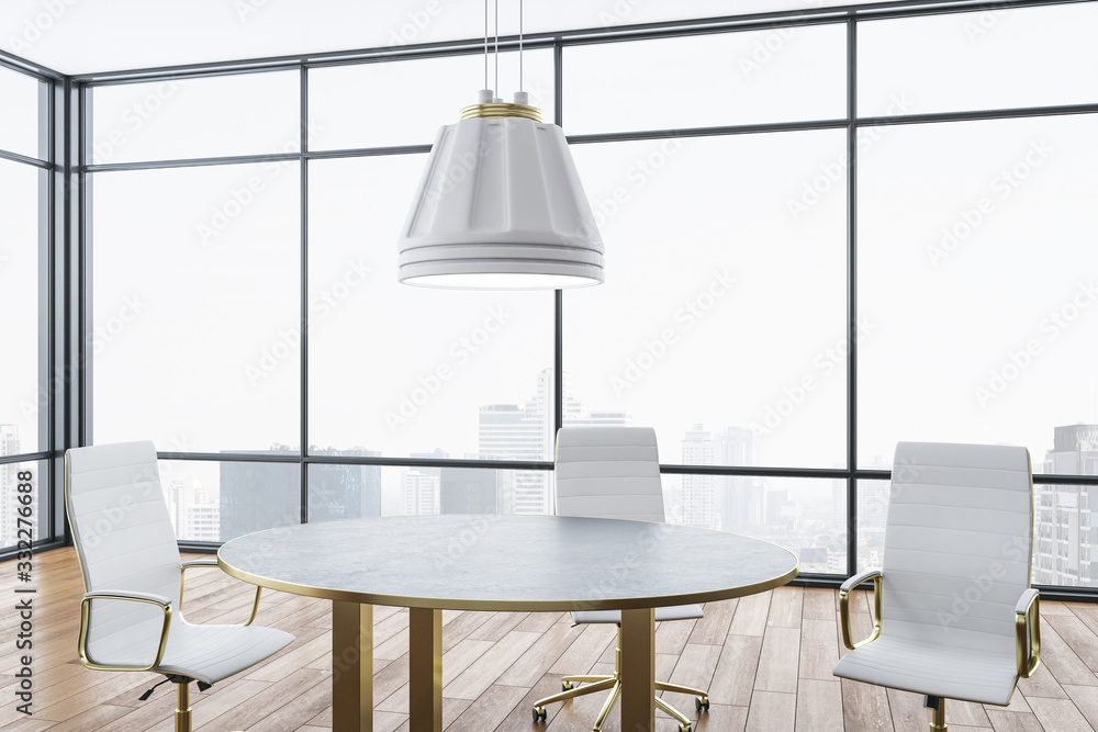 Minimalistic conference interior with panoramic city view