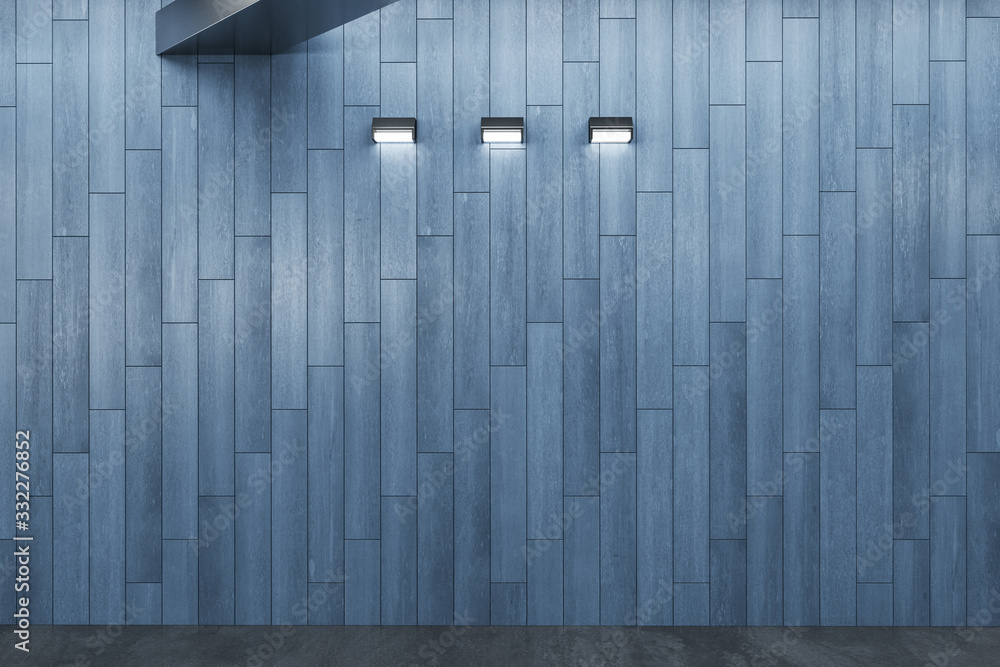 Minimalistic wooden office interior with blank wall and lamp.