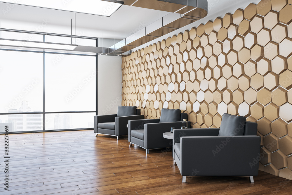 Modern waiting room with three chairs, table and city viwe.