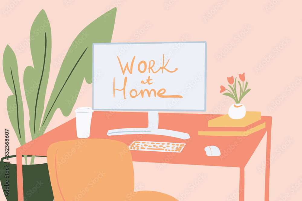 Cozy workplace with a desktop monitor and flowers at home. Colorful vector illustration in flat cart