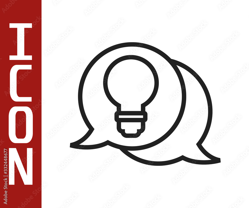 Black line Speech bubble and light bulb with concept of idea icon isolated on white background. Ener