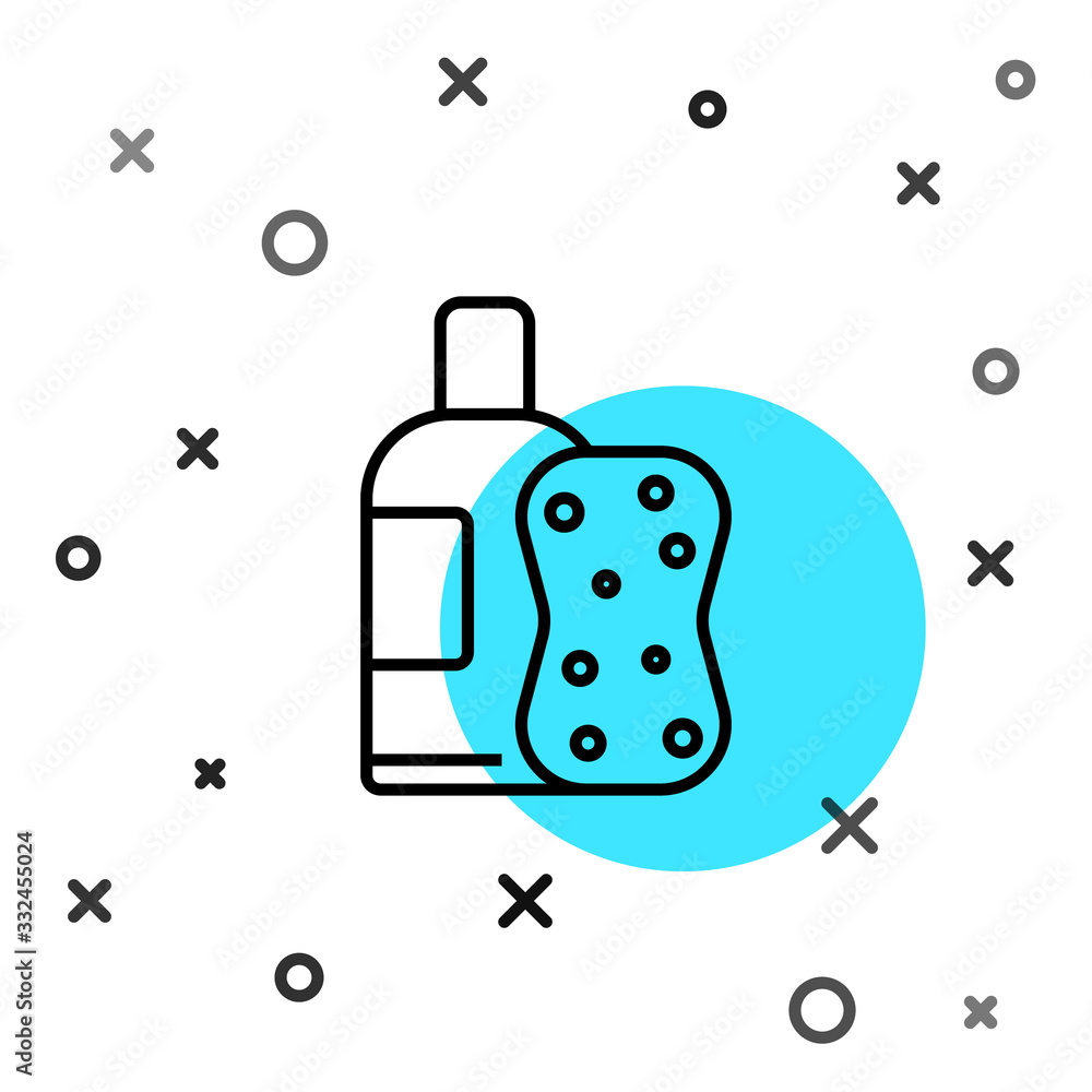 Black line Bottle of shampoo and sponge icon isolated on white background. Random dynamic shapes. Ve