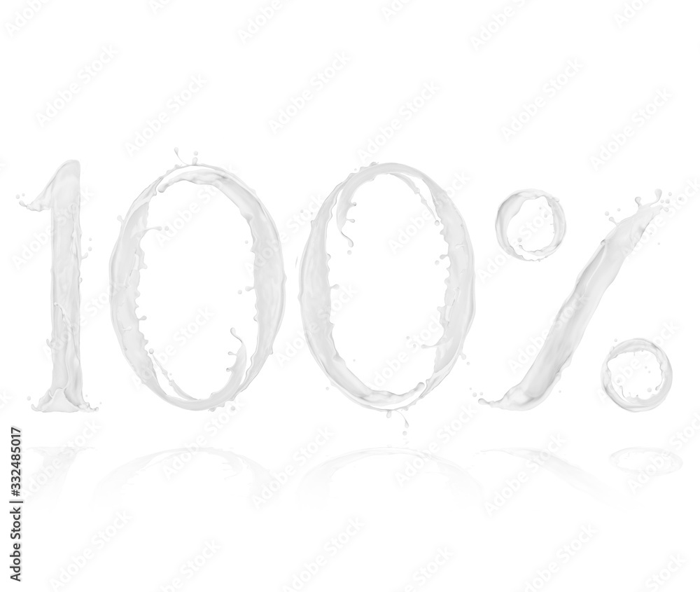 Number 100 and percent sign made with a splash of milk on white background